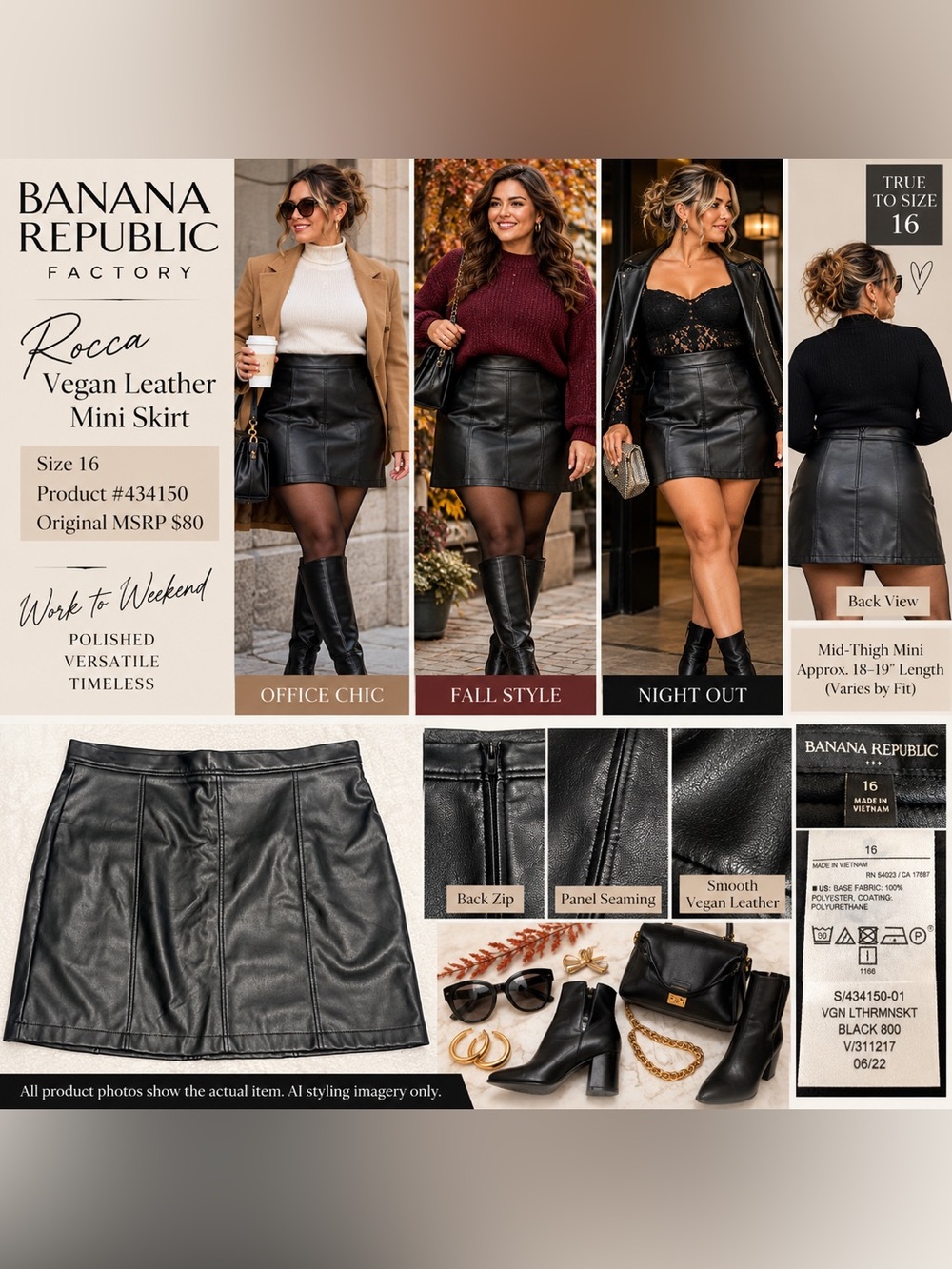 Banana Republic Rocca Vegan Leather Mini Pencil Skirt 16 Black Plus Size 2022
